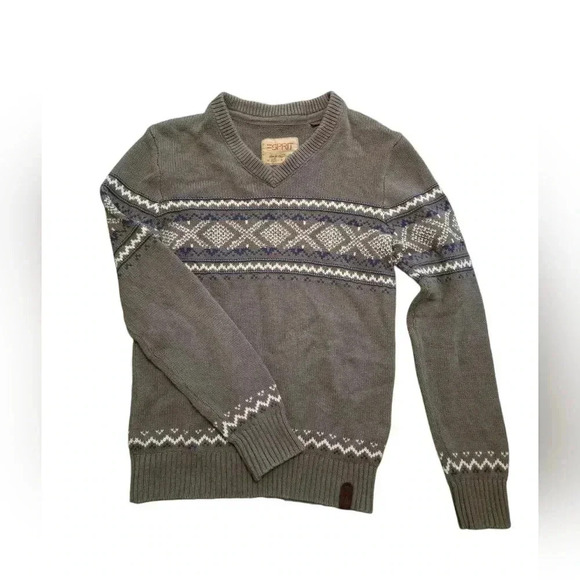 Vintage Esprit V-neck Sweater Grey Blue Retro Winter Lagenlook Cotton Size M - Picture 1 of 8